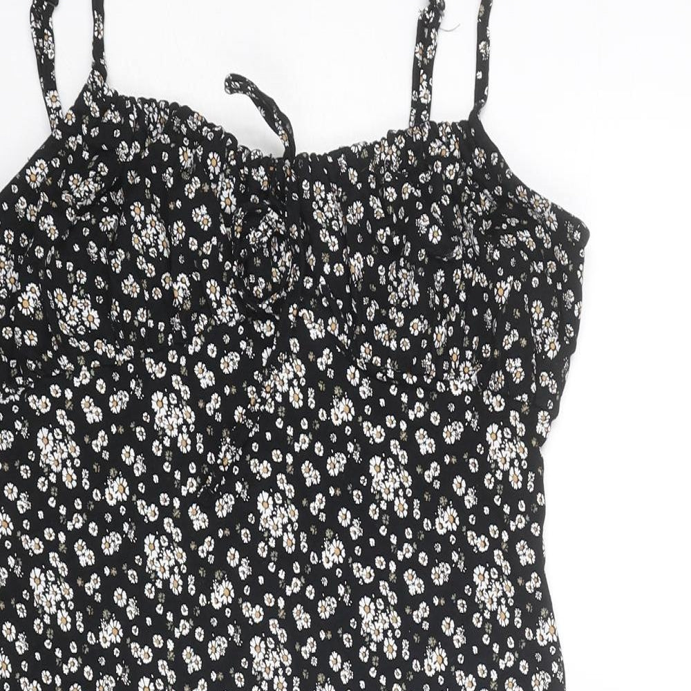 Brave Soul Womens Black Floral Cotton Slip Dress Size S Round Neck Tie