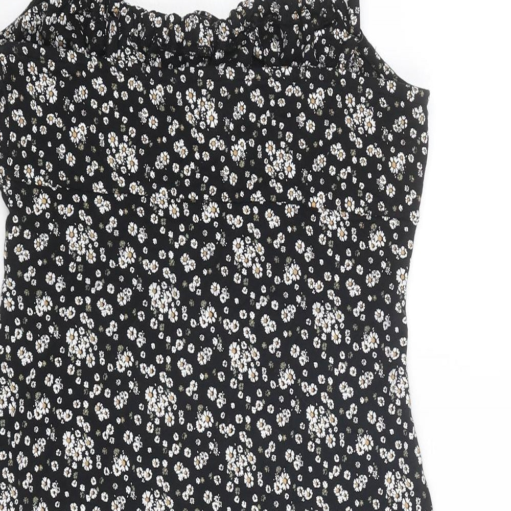 Brave Soul Womens Black Floral Cotton Slip Dress Size S Round Neck Tie