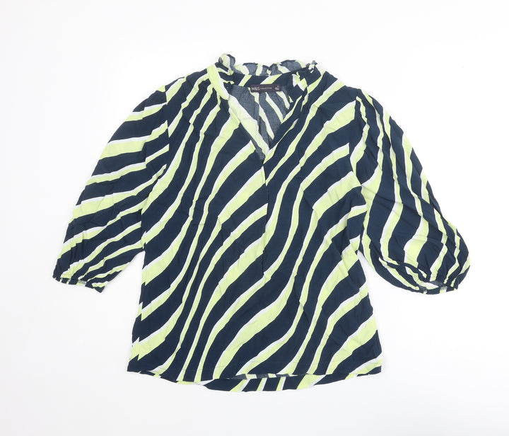 Marks and Spencer Womens Blue Striped Viscose Basic Blouse Size 10 V-Neck