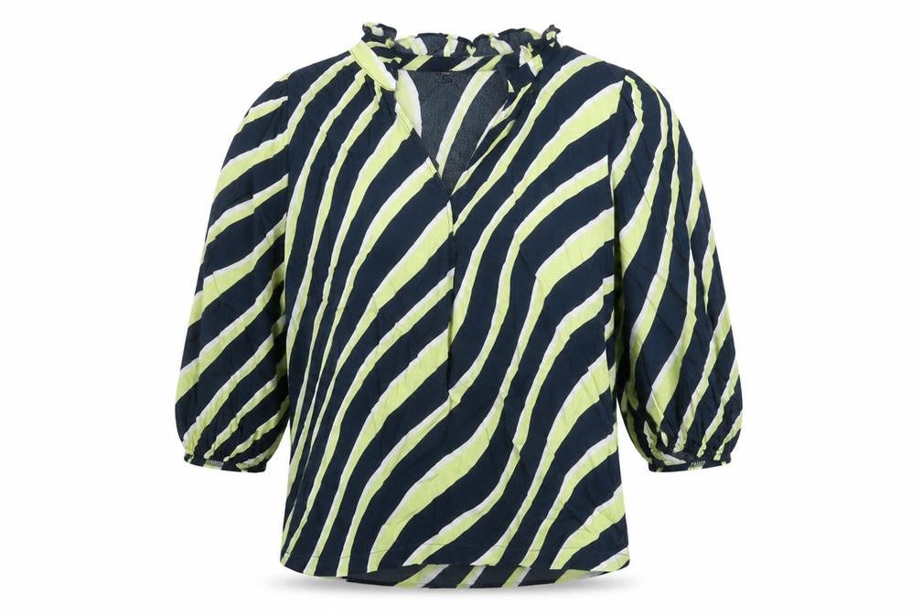 Front view of Marks & Spencer women’s blue striped viscose basic blouse, size UK 10, v-neck