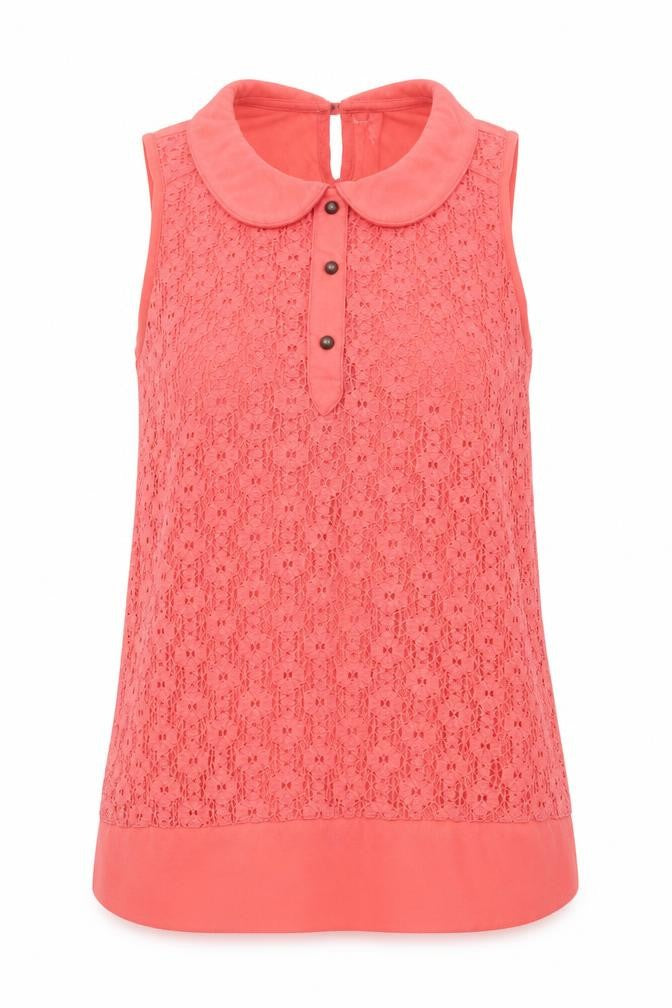 Front view of Next women’s pink cotton basic blouse, size UK 8, collared - crochet front