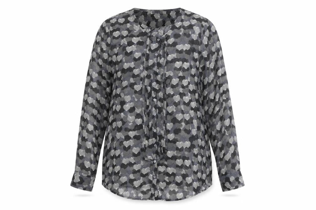 Front view of Kookai women’s grey geometric polyester basic button-up, size UK 14, round neck