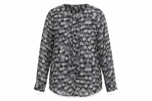 Front view of Kookai women’s grey geometric polyester basic button-up, size UK 14, round neck