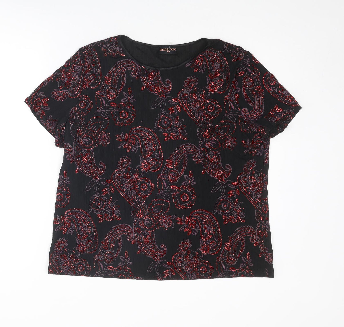 Anna Rose Womens Black Paisley Polyester Basic T-Shirt Size 2XL Round Neck