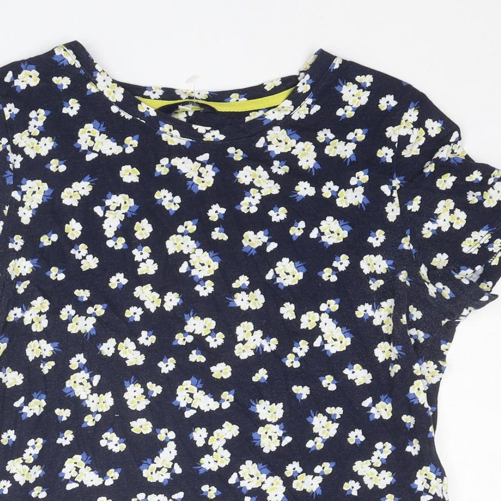 Joules Womens Blue Floral Cotton Basic T-Shirt Size 10 Boat Neck