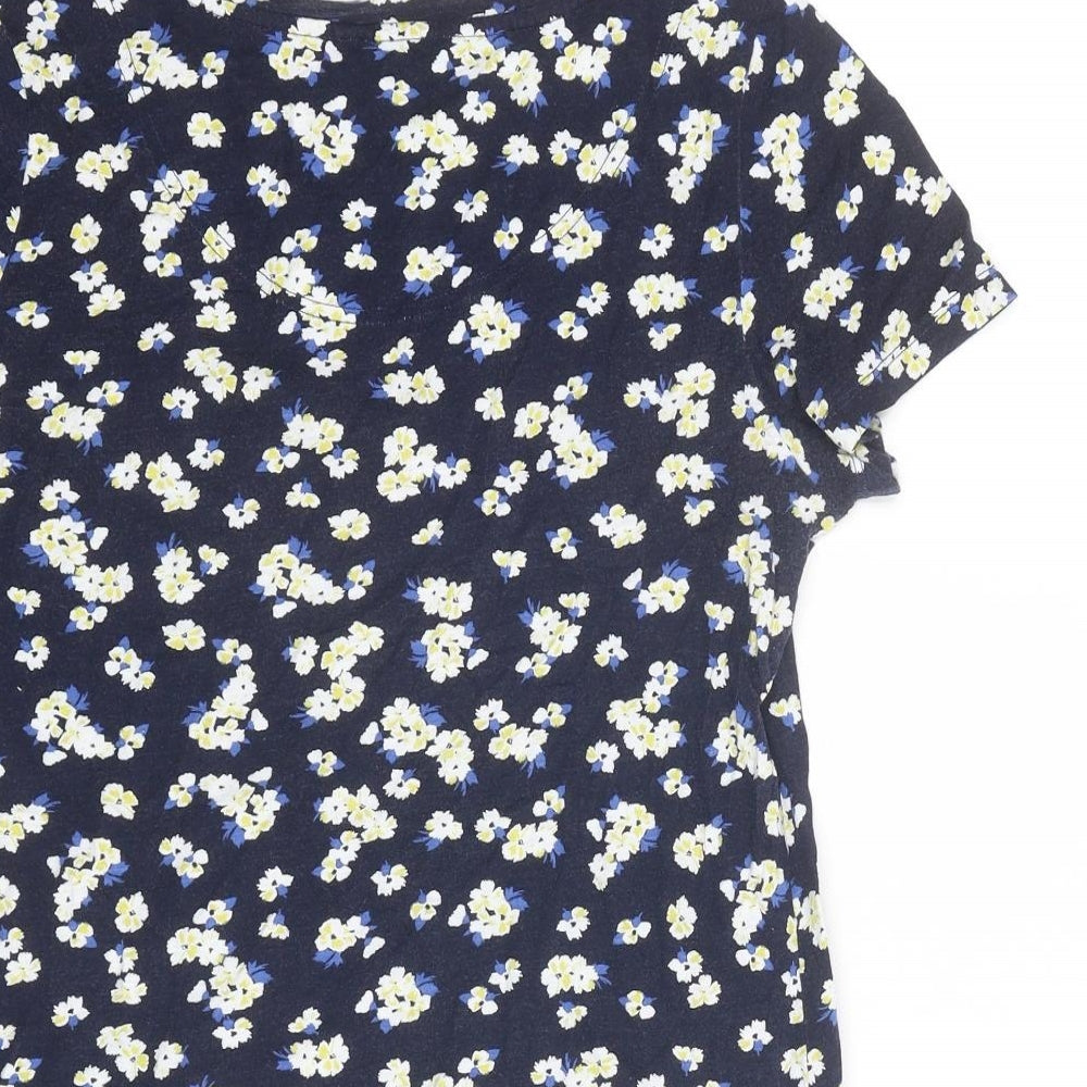 Joules Womens Blue Floral Cotton Basic T-Shirt Size 10 Boat Neck