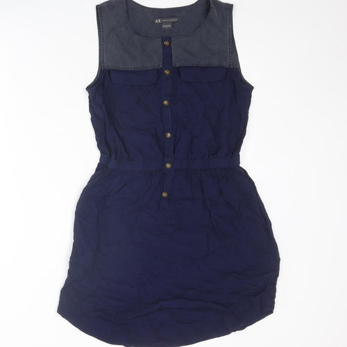 Armani Exchange Womens Blue Viscose A-Line Size 8 Round Neck Button