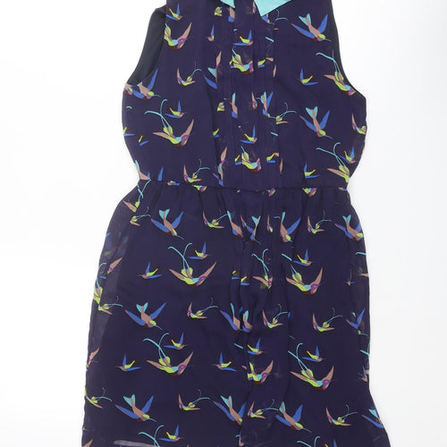 Zara Womens Blue Geometric Polyester Shift Size S Collared Button - Bird pattern
