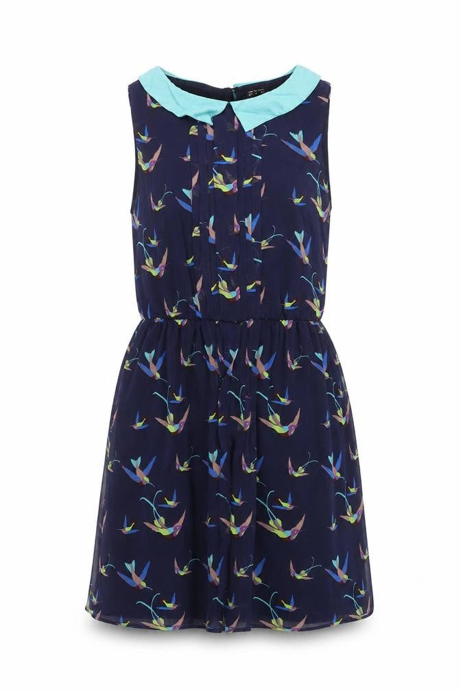 Zara Womens Blue Geometric Polyester Shift Size S Collared Button - Bird pattern
