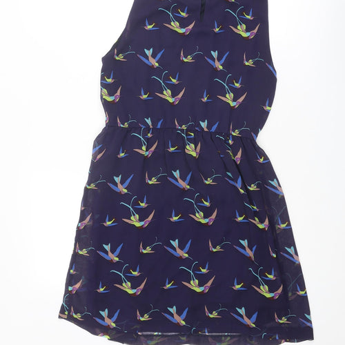 Zara Womens Blue Geometric Polyester Shift Size S Collared Button - Bird pattern