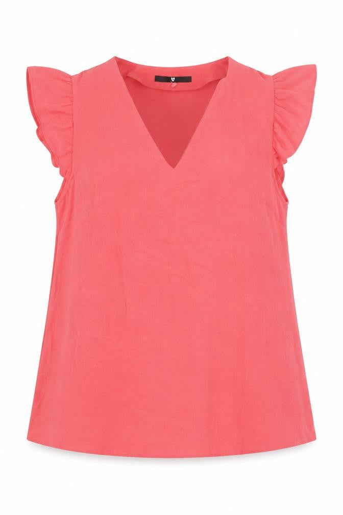 Front view of Very women’s pink polyester basic blouse, size UK 14, v-neck