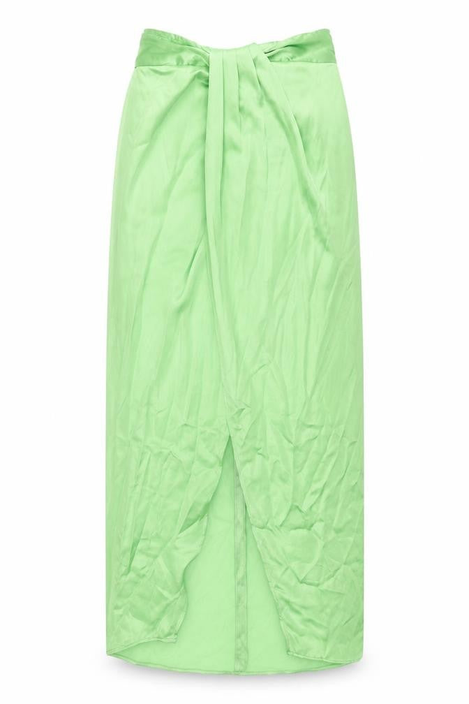 Front view of Zara women’s green polyester maxi skirt, size S, zip