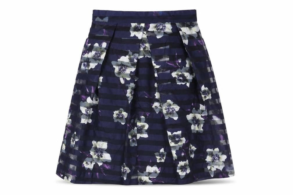 Front view of Apricot women’s blue geometric polyester tulip skirt, size UK 12, zip