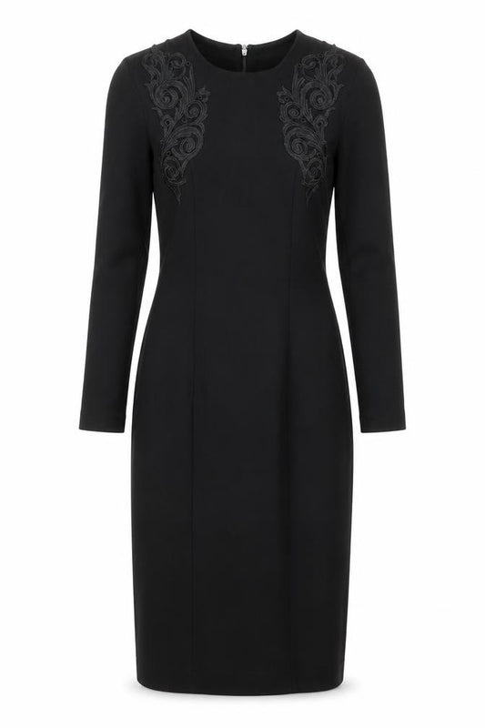 Front view of French Connection women’s black polyester shift, size UK 8, round neck zip