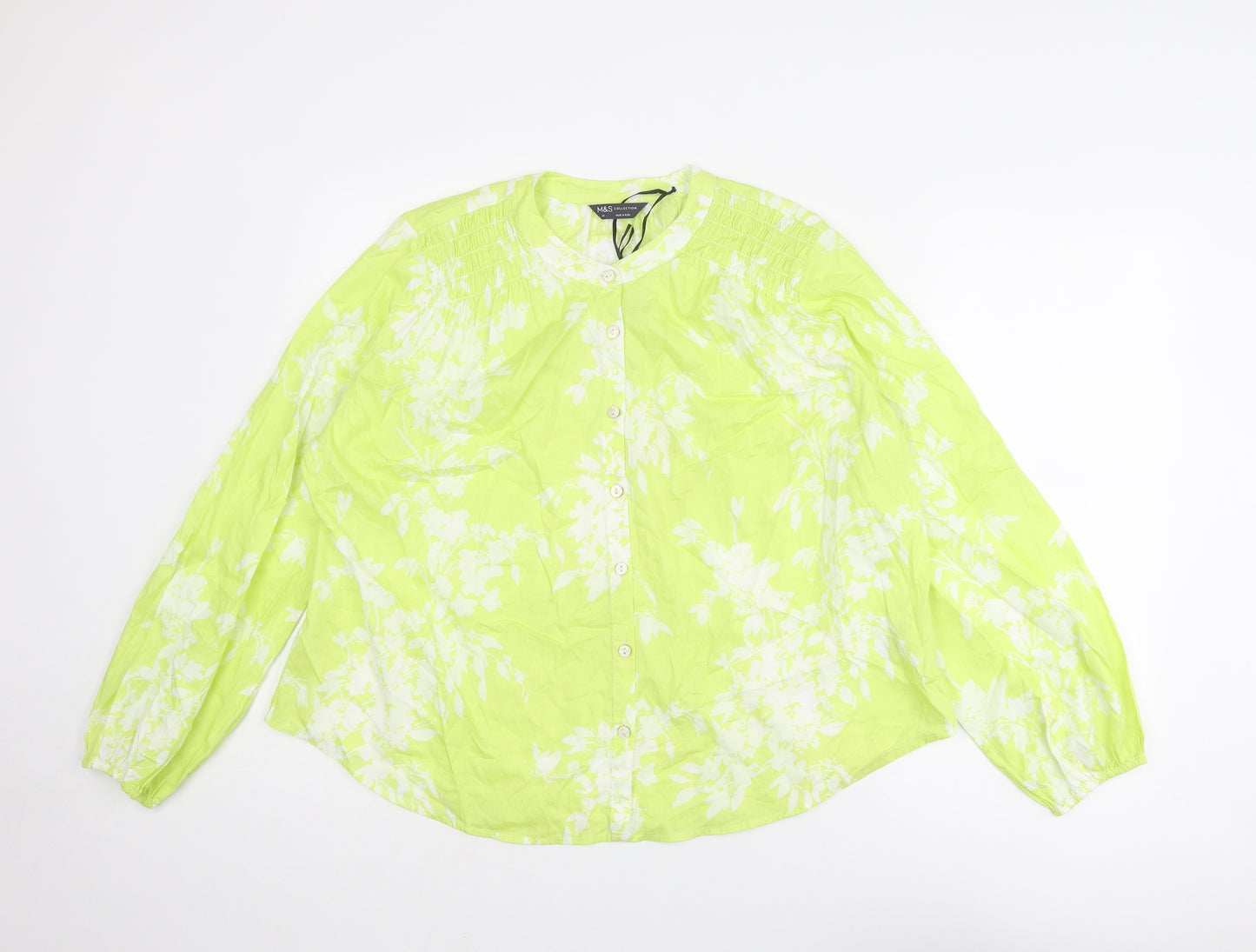 Marks and Spencer Womens Yellow Floral Cotton Basic Button-Up Size 12 Round Neck