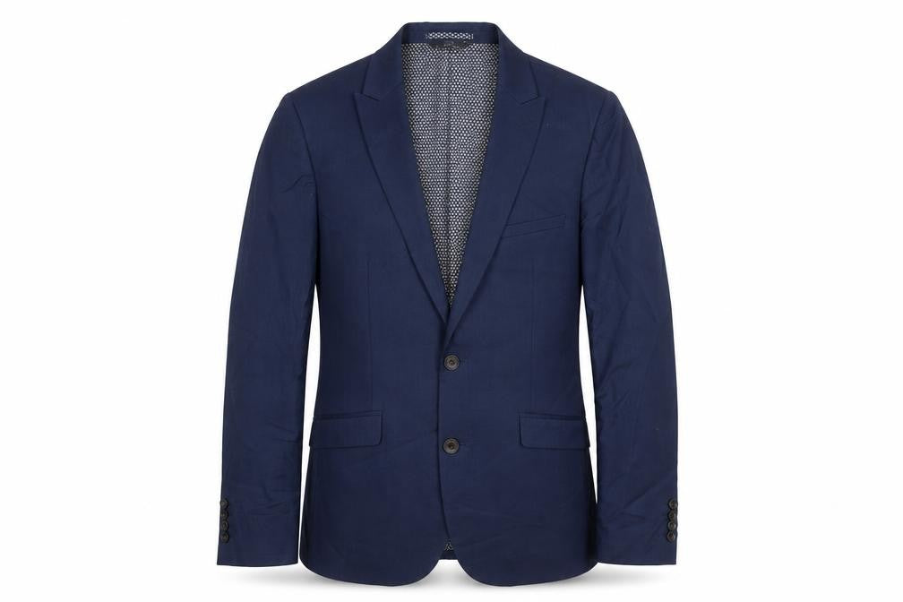 Front view of Marks & Spencer men’s blue polyester jacket suit jacket, size 38, regular