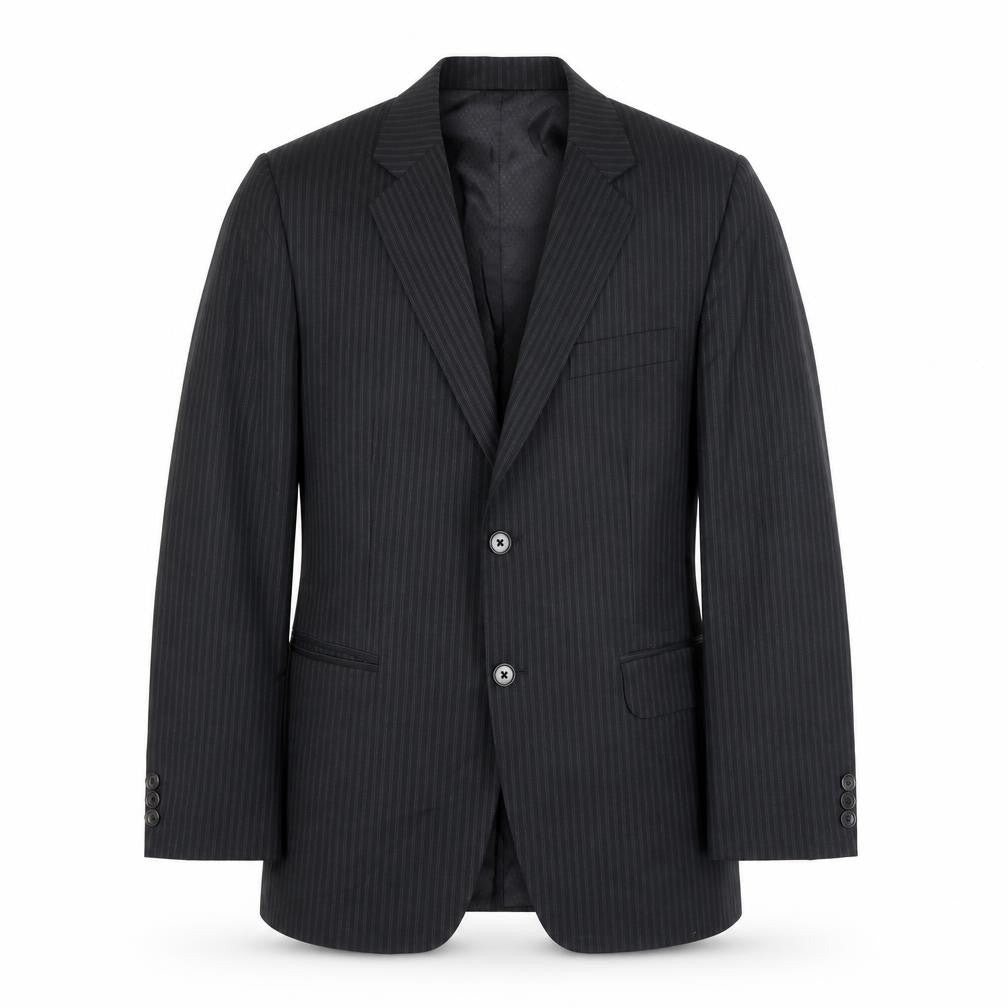 Front view of The Raymond men’s black striped polyester jacket suit jacket, size 36, regular