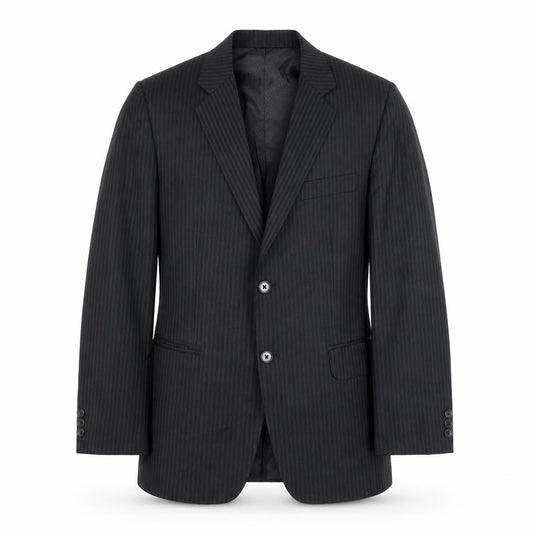 Front view of The Raymond men’s black striped polyester jacket suit jacket, size 36, regular
