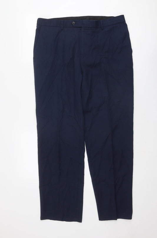 Moss Bros Mens Blue Polyester Trousers Size 36 in L30 in Regular Zip