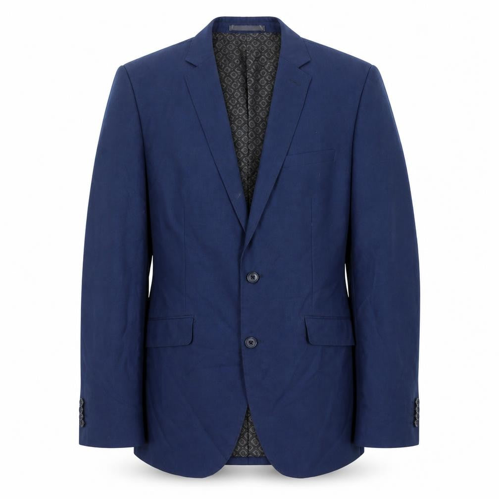 Front view of The Spitalfields Clothin Co. men’s blue polyester jacket suit jacket, size 40, regular