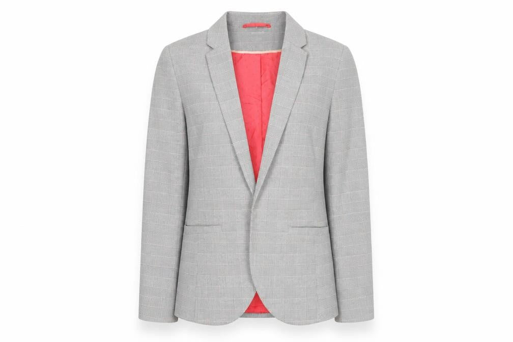 Front view of Dorothy Perkins women’s grey plaid polyester jacket blazer, size UK 10