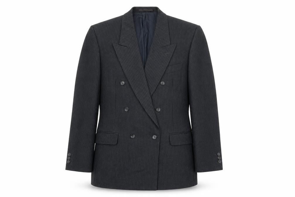 Front view of Daniel Drescott men’s grey striped wool jacket suit jacket, size 44, regular