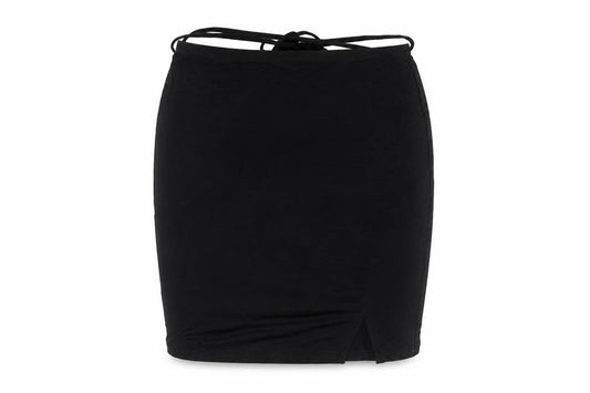 Front view of ASOS women’s black viscose bandage skirt, size UK 10, tie