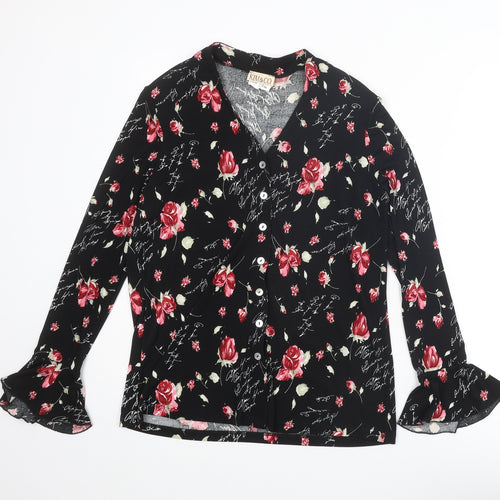 Kim & Co Womens Black Floral Polyester Basic Button-Up Size S V-Neck - Flared Sleeve