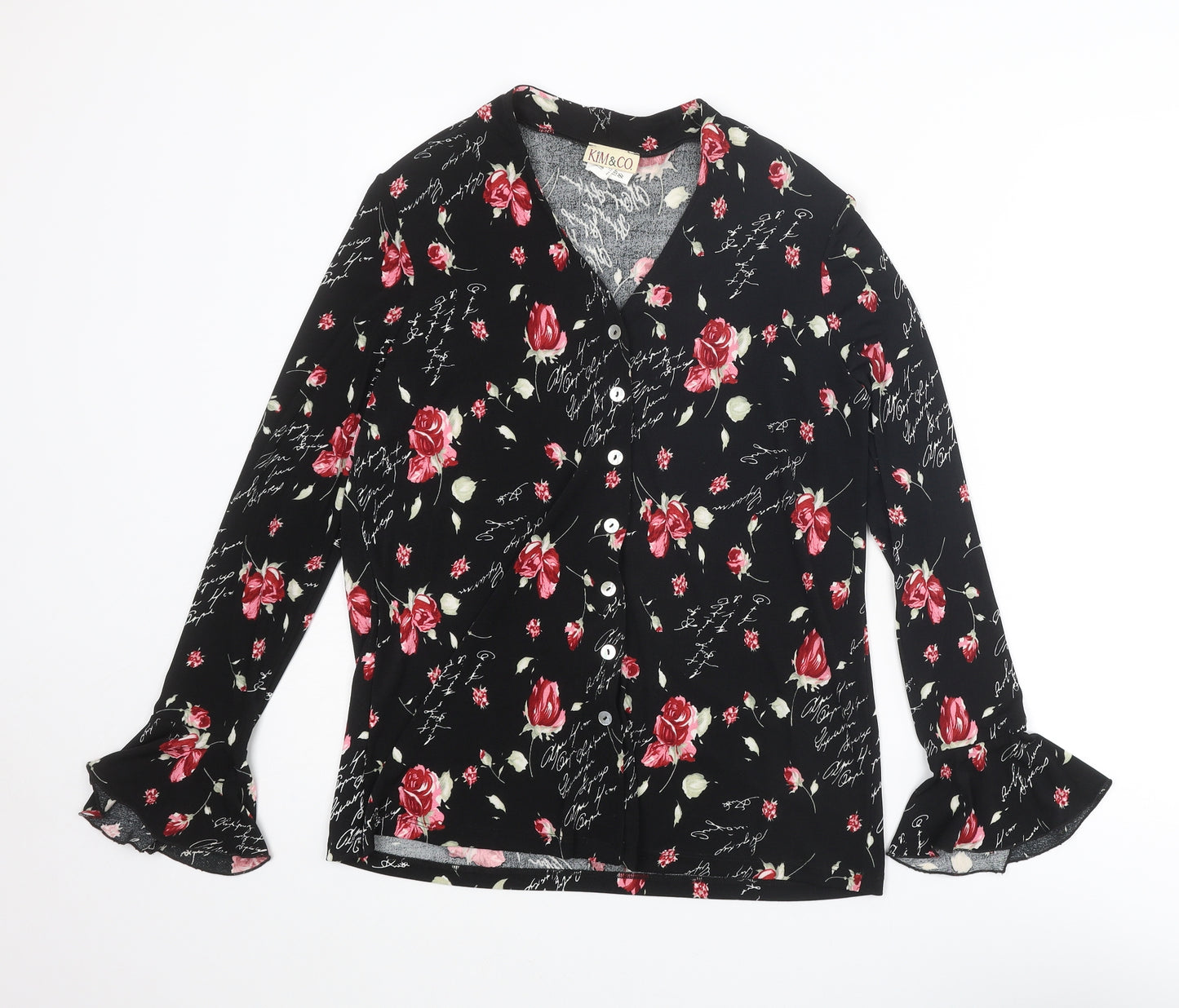 Kim & Co Womens Black Floral Polyester Basic Button-Up Size S V-Neck - Flared Sleeve