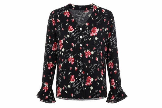 Front view of Kim & Co women’s black floral polyester basic button-up, size S, v-neck - flared sleeve