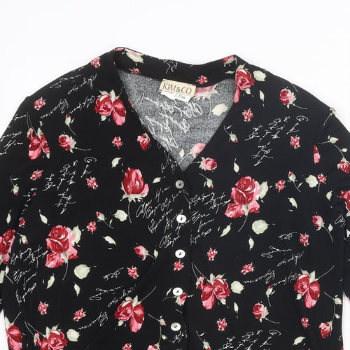 Kim & Co Womens Black Floral Polyester Basic Button-Up Size S V-Neck - Flared Sleeve