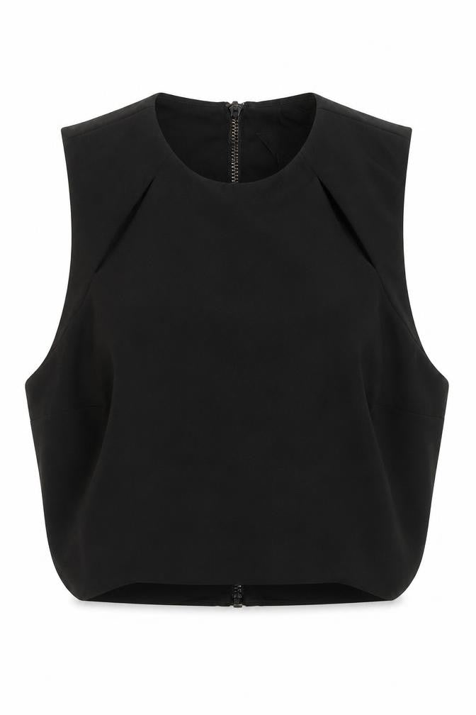 Front view of Topshop women’s black polyester basic tank, size UK 6, round neck