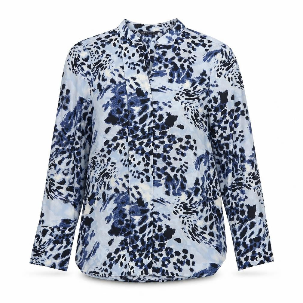 Front view of Marks & Spencer women’s blue animal print polyester basic blouse, size UK 10, v-neck