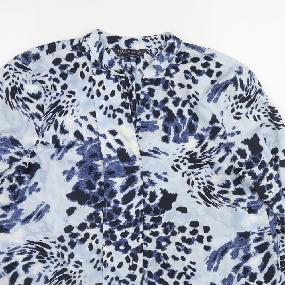 Marks and Spencer Womens Blue Animal Print Polyester Basic Blouse Size 10 V-Neck