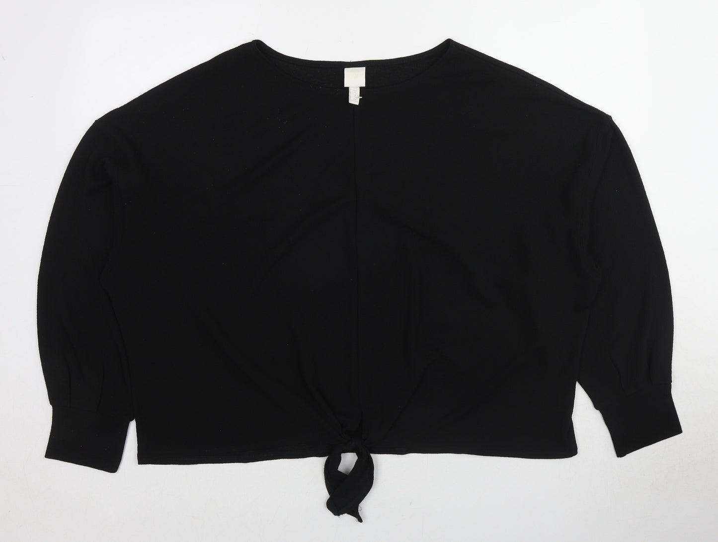 H&M Womens Black Polyester Basic Blouse Size XL Round Neck - Tie Front Detail