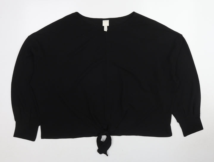 H&M Womens Black Polyester Basic Blouse Size XL Round Neck - Tie Front Detail