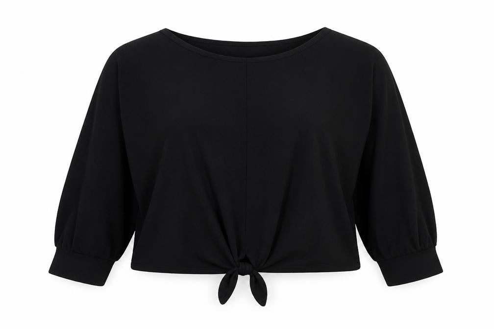 Front view of H&M women’s black polyester basic blouse, size XL, round neck - tie front detail