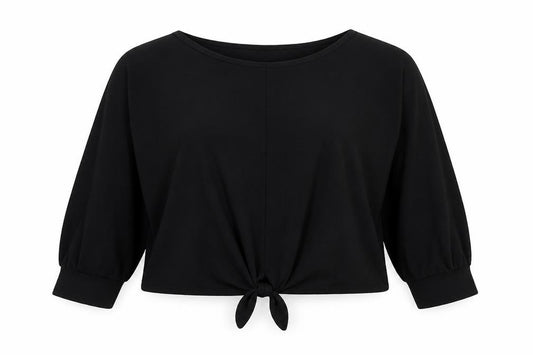 Front view of H&M women’s black polyester basic blouse, size XL, round neck - tie front detail