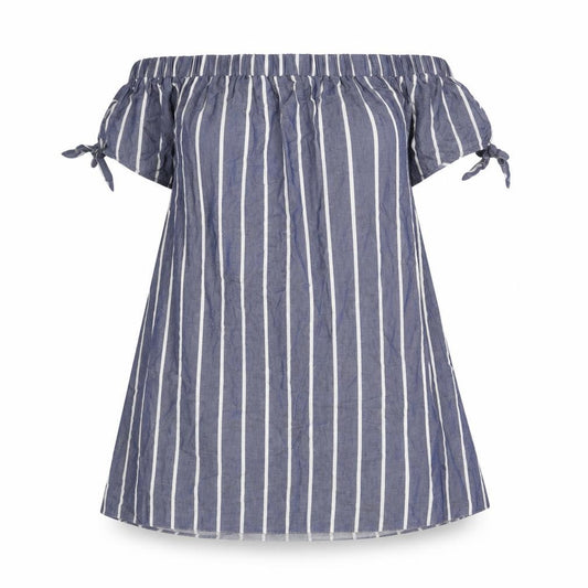 Front view of ASOS women’s blue striped cotton a-line, size UK 10, off the shoulder pullover