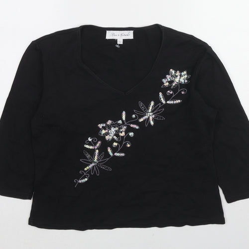 Pure & Natural Womens Black Cotton Basic T-Shirt Size M V-Neck - Floral Detail