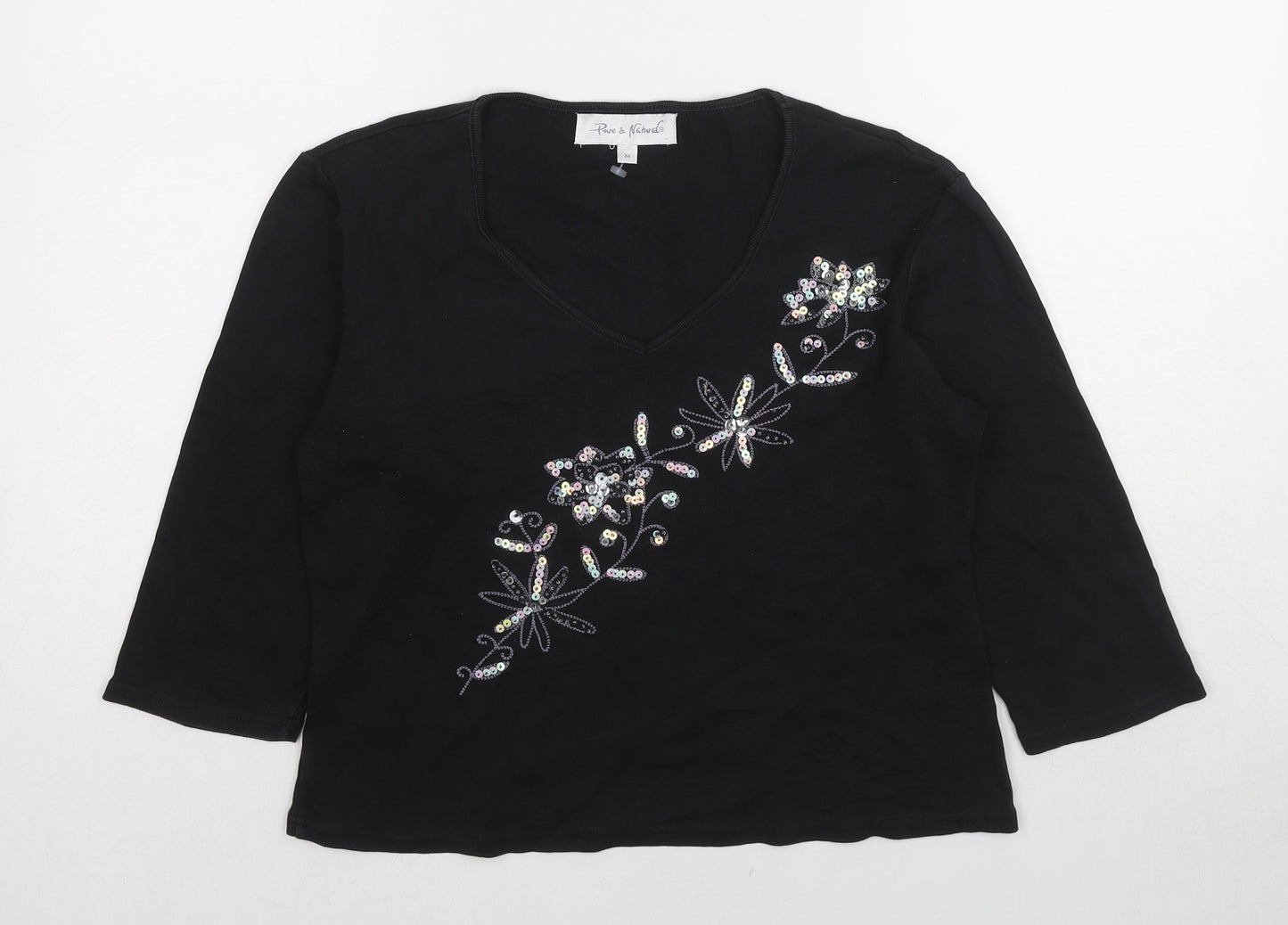 Pure & Natural Womens Black Cotton Basic T-Shirt Size M V-Neck - Floral Detail