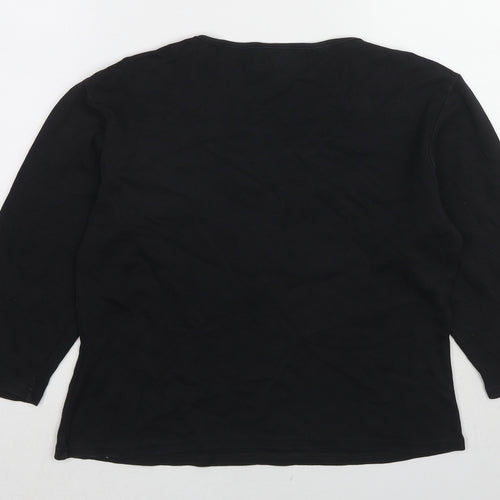 Pure & Natural Womens Black Cotton Basic T-Shirt Size M V-Neck - Floral Detail