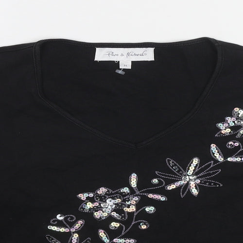 Pure & Natural Womens Black Cotton Basic T-Shirt Size M V-Neck - Floral Detail