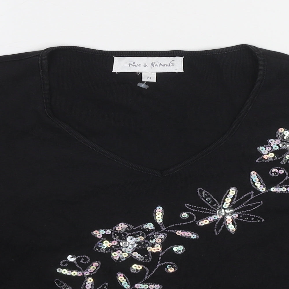 Pure & Natural Womens Black Cotton Basic T-Shirt Size M V-Neck - Floral Detail