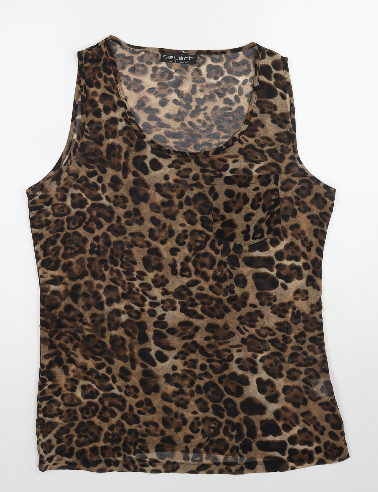 Select Womens Brown Animal Print Polyester Basic Tank Size 12 Scoop Neck - Leopard Print