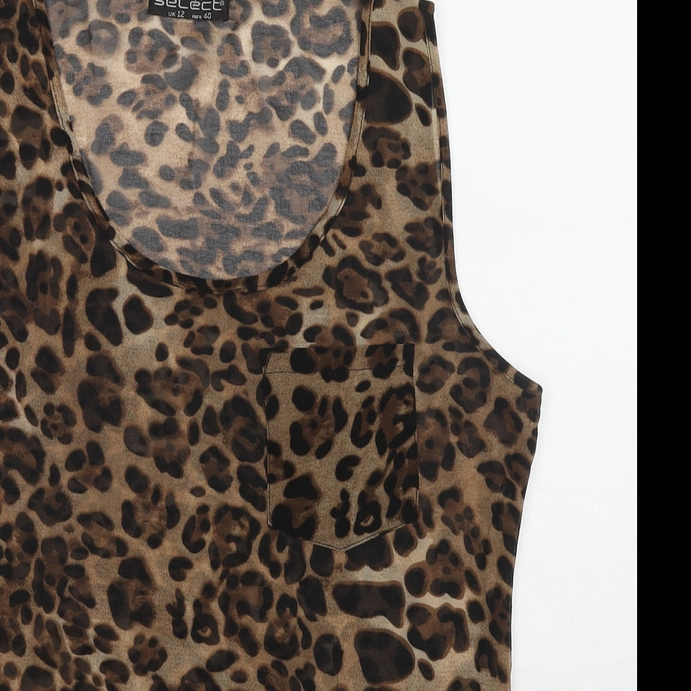 Select Womens Brown Animal Print Polyester Basic Tank Size 12 Scoop Neck - Leopard Print