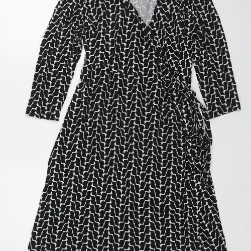 Seraphine Womens Black Geometric Viscose Wrap Dress Size 12 V-Neck Tie
