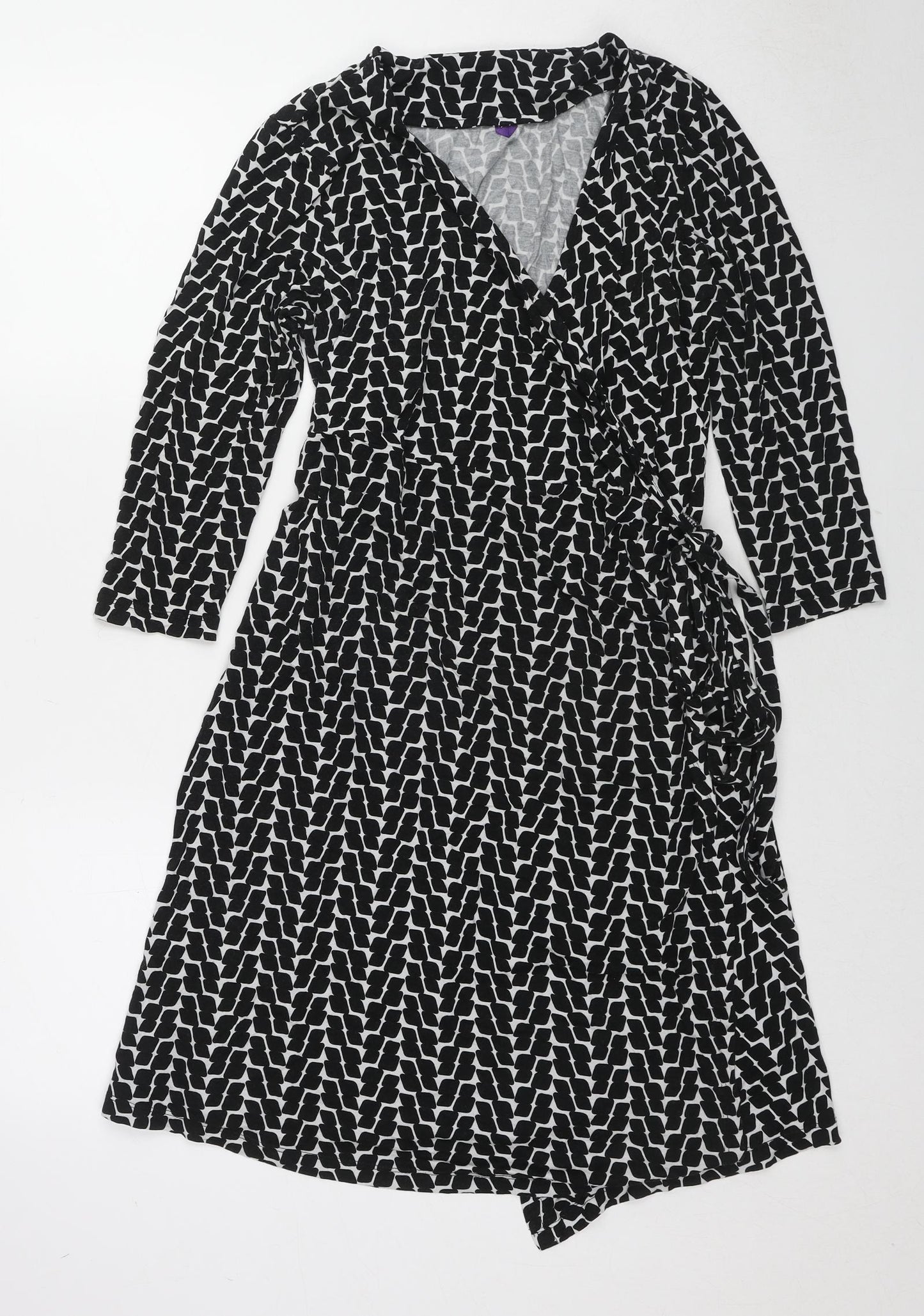 Seraphine Womens Black Geometric Viscose Wrap Dress Size 12 V-Neck Tie