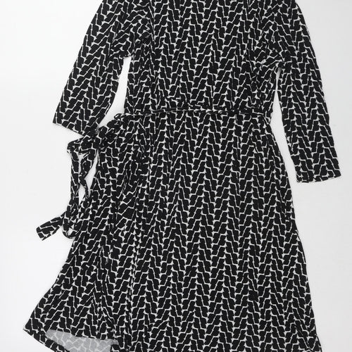 Seraphine Womens Black Geometric Viscose Wrap Dress Size 12 V-Neck Tie