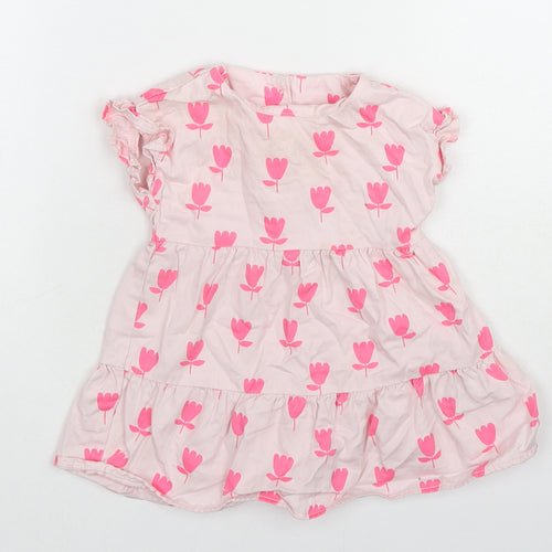 Marks and Spencer Girls Pink Floral Cotton A-Line Size 3-6 Months Round Neck Button